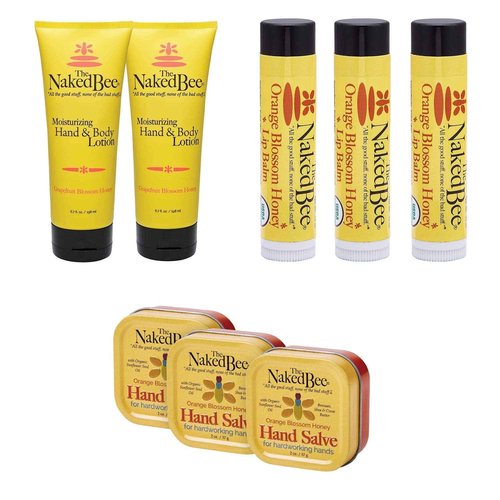 The Naked Bee Orange Blossom Honey Hand Salve 2oz + Grapefruit Blossom Honey Hand and Body Lotion 6.7oz + Organic Orange Blossom Honey Lip Balms