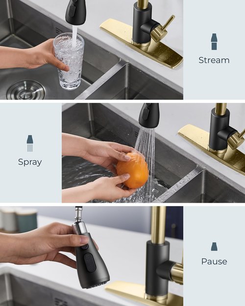 FORIOUS Kitchen Faucets with Pull Down Sprayer, High Arc Single Handle Classic Stainless Steel Sink Faucet 1 or 3 Hole, Suitable for Farmhouse Camper Laundry Rv Bar, Black Gold