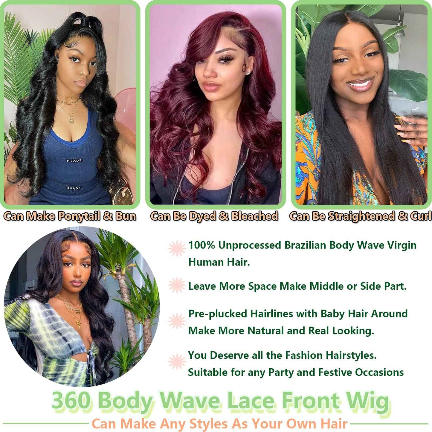 360 Body Wave Lace Front Wigs Human Hair Pre Plucked 180% Density Full Lace Human Hair Wigs Brazilian Virgin Body HD Human Hair Lace Front Wigs for Women Natural Color 22Inch