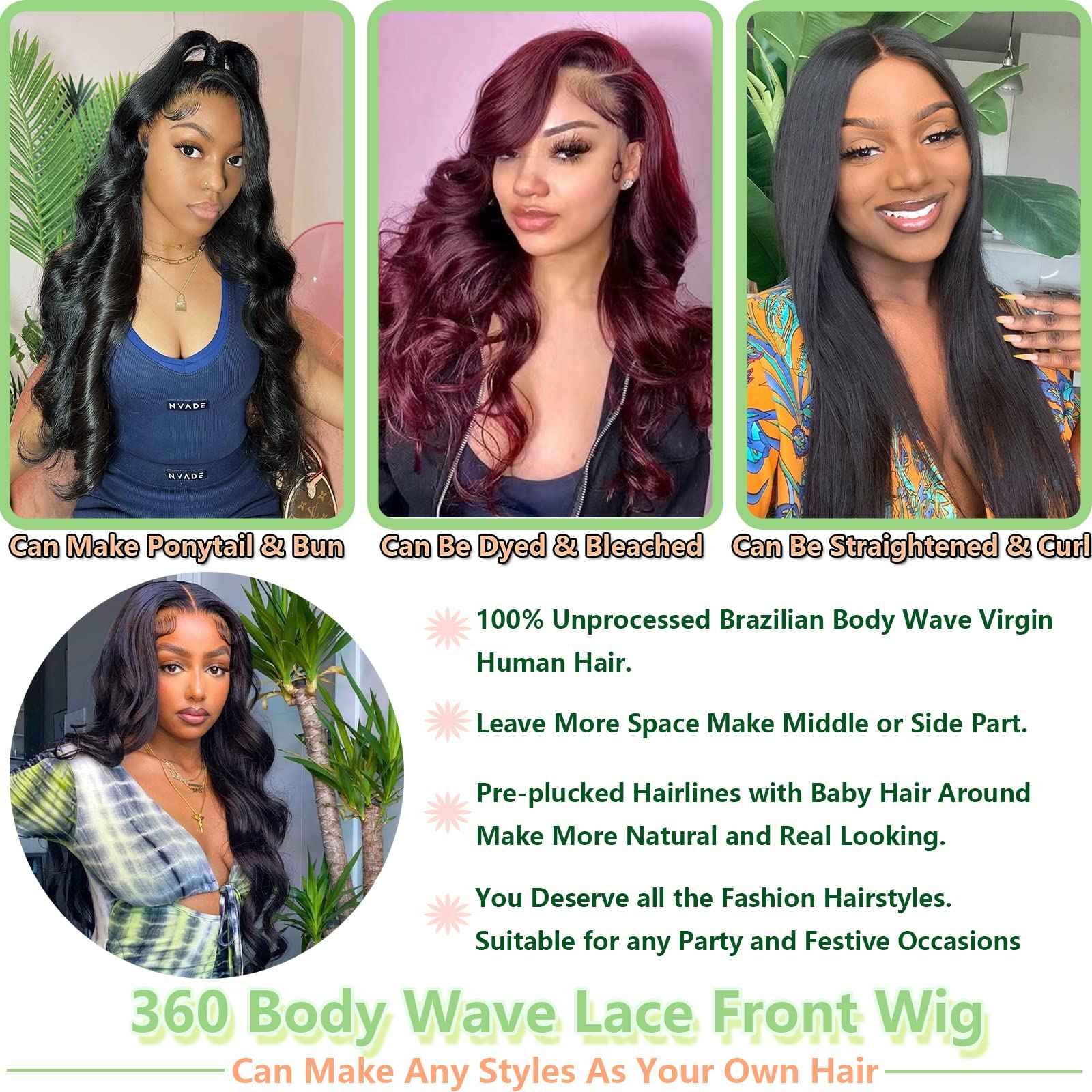 360 Body Wave Lace Front Wigs Human Hair Pre Plucked 180% Density Full Lace Human Hair Wigs Brazilian Virgin Body HD Human Hair Lace Front Wigs for Women Natural Color 22Inch