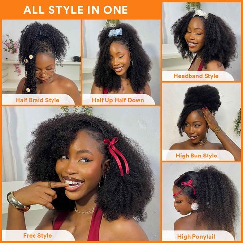 SheBase Kinky Curly Half Wig Human Hair 250% Density 16 Inch Burmese Kinkycurly Wig Human Hair,3 In 1 Seamless Flip Over Drawstring Ponytail Headband Wig Human Hair Glueless Wear and Go