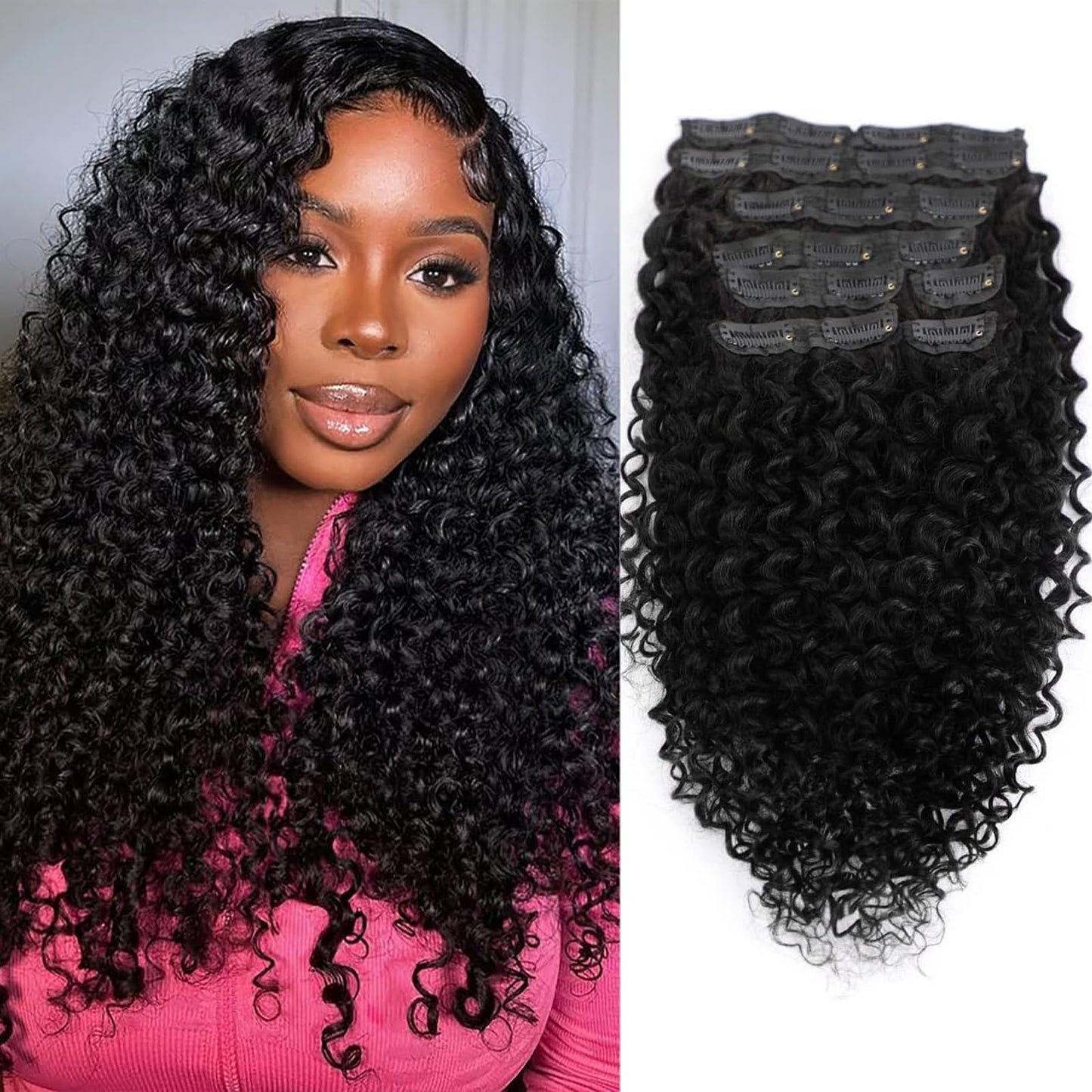 24 Inch Kinky Curly Clip ins Human Hair 110g 8pcs 20 Clips 3C 4A Curly Clip In Hair Extensions Real Human Hair Brazilian Virgin Hair Full Head for Women Natural Black