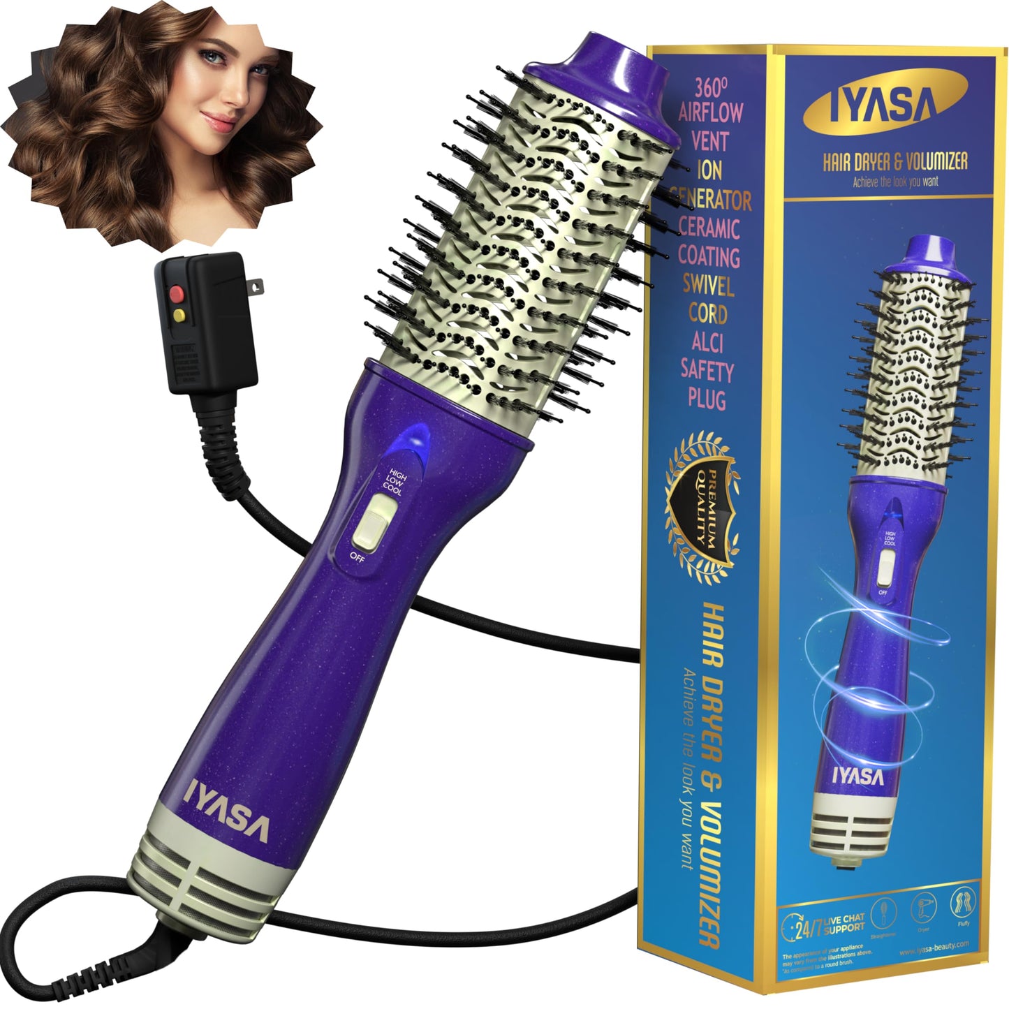 3” Large Barrel Ionic Hot Air Brush Hair Dryer – 75 mm One‑Step Volumizer Blowout Brush for Thick & Long Hair, 1100 W Plastic‑Tourmaline, Frizz Control, 3 Heat / 2 Speed, 13” Length