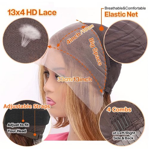 Highlight Bob Wig Human Hair Ombre Honey Blonde 13x4 Lace Frontal Wigs for Black Women 4/27 Bob Lace Front Wig Brazilian Virgin Human Hair Bob Wig 180% Density Pre Plucked with Baby Hair 14inch
