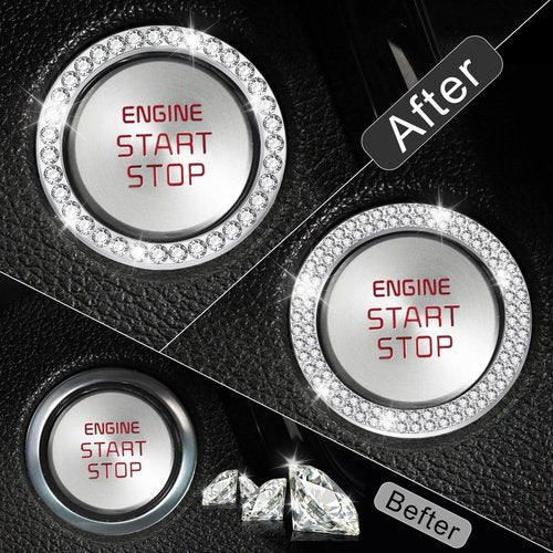 LivTee 2 PCS Crystal Combinatorial Rhinestone Engine Start Decoration Ring, Push to Start Button Cover, White