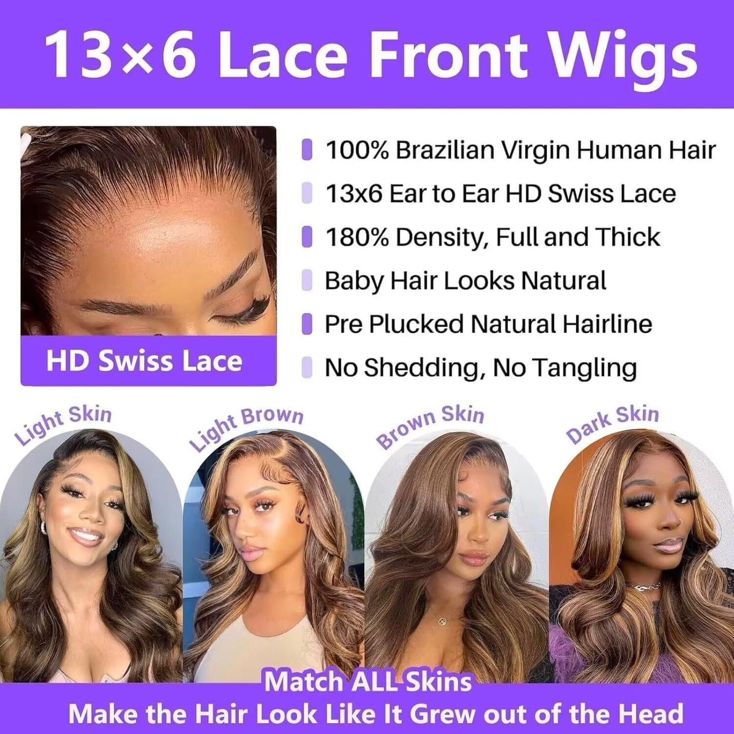 24 Inch Honey Blonde Ombre Highlight 13x6 Lace Front Wigs Human Hair 180% Density HD Transparent Pre Plucked Body Wave Lace Front Wigs Glueless #4/27 Colored Human Hair Wig for Women