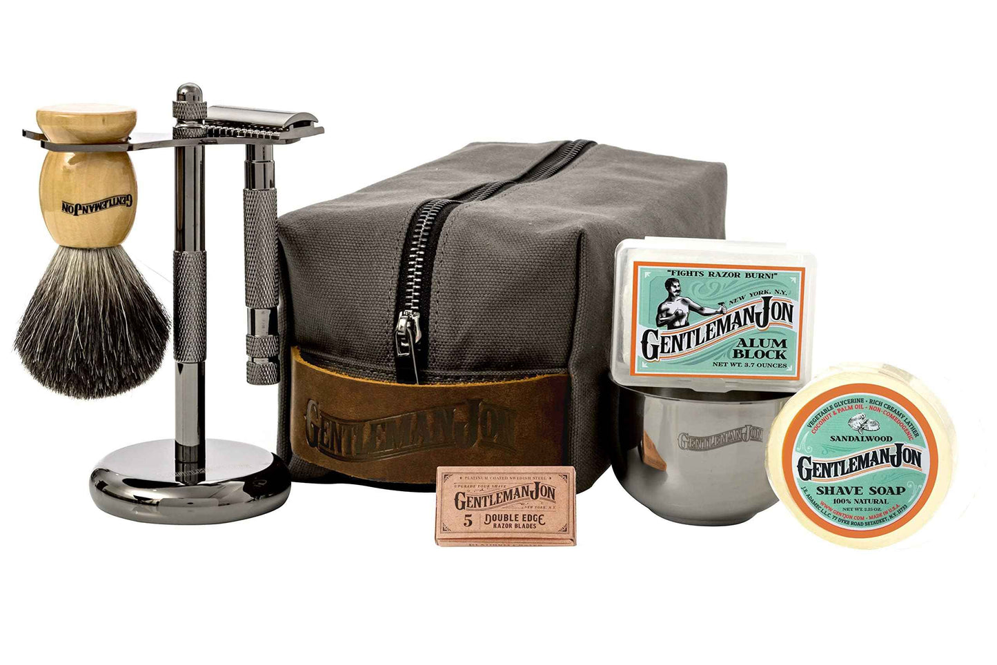 Gentleman Jon Deluxe Vintage Shaving Kit for Men - Men's Shaving Set Gifts, Compact Design, Includes Safety Razor and Brush Stand, Brush, Potassium Alum Block, Soap, Stainless Bowl, Stand & Dopp Kit