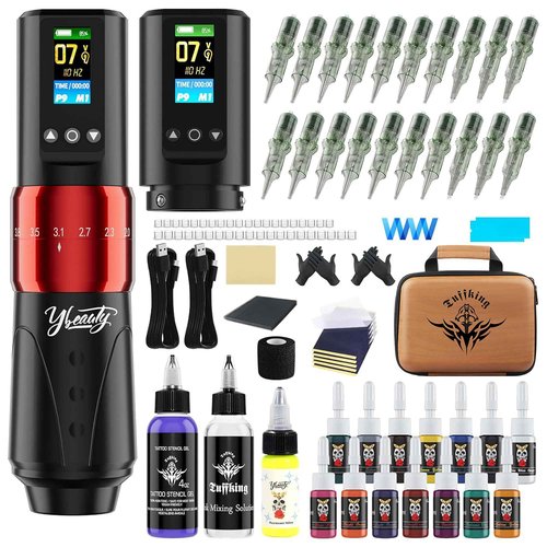 Complete Tattoo Gun Machine Kit, Cordless Rotary Tattoo Pen Kits with 2Pcs 1,600 mAh Battery, 20Pcs Tattoo Cartridge Needles, Professional 7 Strokes Length Tattoo Gun for Artists (Red, 102Pcs)