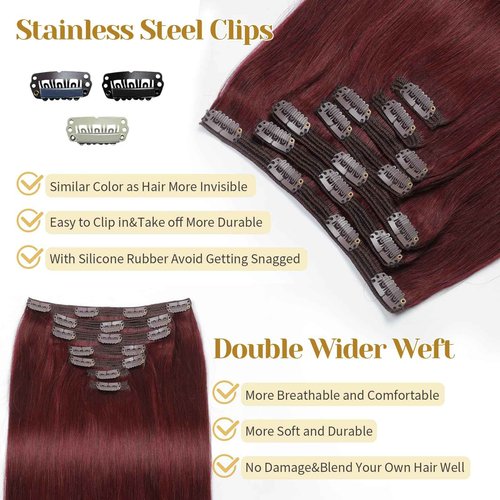 Mocona Clip in Hair Extensions Real Human Hair, Burgundy Red – 20 Inch 7pcs 160g/Pack, Soft Real Human Hair Clip in Extensions Straight for Women, Suitable for all Hair Types (#99J 20 Inch)