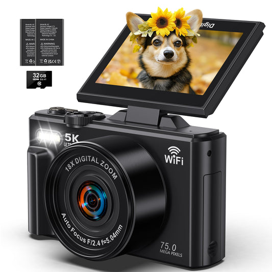 5K Digital Camera - WiFi 75MP Cameras for Photography - UHD Vlogging Camera for YouTube with 3" 180° Flip Screen - Autofocus Compact Video Travel Camara with 18X Zoom, 32GB SD Card, 2 Batteries