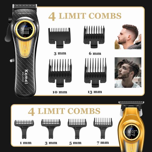 KEMEI Professional Hair Clippers for Men, Cordless Barber Clippers with LED Display and Charging Base, T-Blade Hair Trimmer, KM-2242, KM-1677