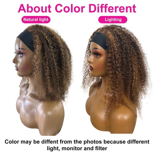 Ombre Highlight Headband Wig Human Hair #4/27 Colored Kinky Curly Headband Wig for Black Women Glueless None Lace Front Human Hair Wigs Brazilian Virgin Hair Wear and Go Wigs 150% Density 26 Inch