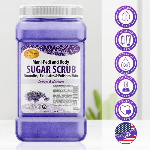 SPA REDI – Sugar Body Scrub, Lavender and Wildflower, 128 Oz Exfoliating, Moisturizing, Hydrating and Nourishing, Glow, Polish, Smooth and Fresh Skin - Body Exfoliator