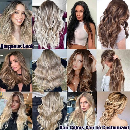 Blonde Highlights Sew in Human Hair Extensions Full Head Weft Extensions 22 Inch 120gram Thick End Sew in Weft Hair Silky Straight Brown with Blonde Highlight Remy Hair Balayage Bundles for Women