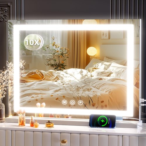 Gvnkvn Makeup Vanity Mirror with Lights 20" L x 26" W Large LED Makeup Mirror, Light up Mirror with 10X Magnification and USB Charging Port, Dimmable 3 Modes, Touch Screen Control White