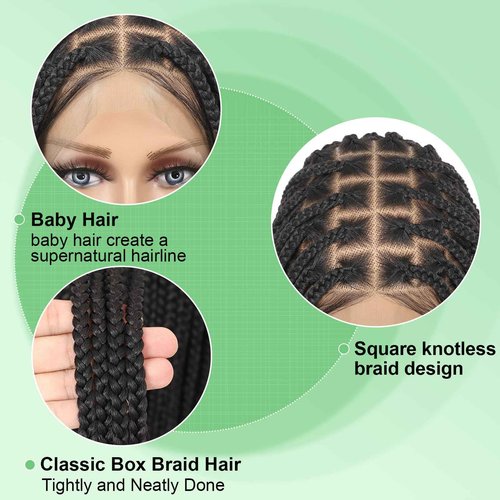 Youthfee 360° HD Full Lace Knotless Braided Wigs for Women Box Braided Wigs with Baby Hair Premium Synthetic Natural Looking Braid Lace Front Wigs Black 36 Inch