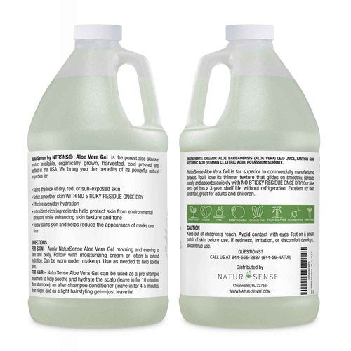 NaturSense Organic Aloe Vera Gel from 100% Pure Aloe w/pump. Great for Hair-Scalp-Face-Dry/Sensitive Skin-Acne-Sunburn. Unscented, Same Organic Ingredients! Bulk: Two 64 Fl Oz bottles (128.4 Fl. Oz.)