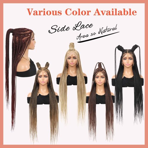 Lexqui 36" 360° HD Full Lace Braided Wigs for Women Box Braid Wig with Baby Hair Handamde Synthetic Hair Triangle Knotless Braided Wigs Natural Braid Lace Front Wig Blonde