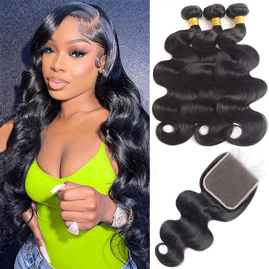 18 20 22 Inch Body Wave Bundles with Closure (16 Inch 5x5 HD Lace Closure) Human Hair Brazilian 3 Bundles with Closure Unprocessed Virgin Human Hair Free Part