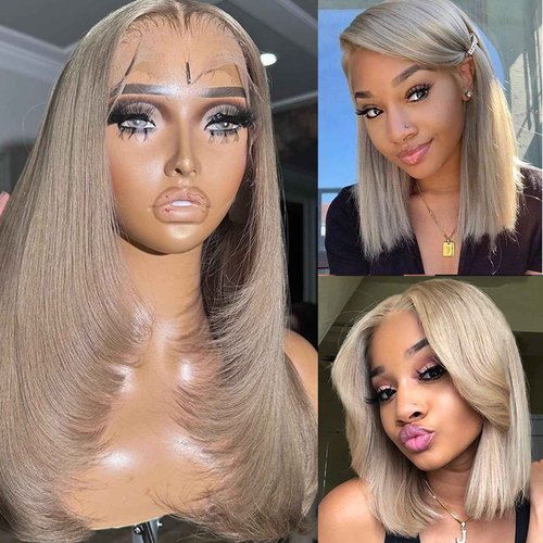 Smavida Ash Blonde HD Transparent Blunt Cut Ash Blonde Bob Wig Human Hair Pre Plucked 13x4 Blonde Lace Front Wigs with Baby Hair Hairline 100% Unprocessed Human Virgin Hair Glueless Bob Wigs