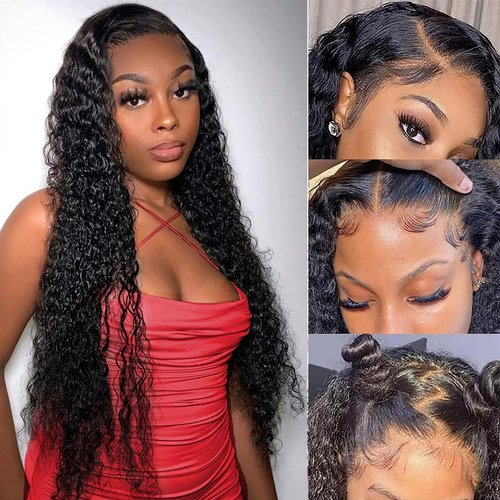 Tryfey Human Hair Water Wave Lace Front Wigs 13x4 HD Transparent Swiss Lace 180% Density Black 22inch