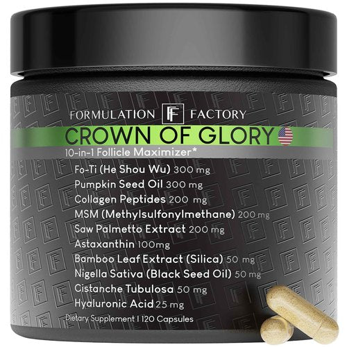 Formulation Factory Crown of Glory 10-in-1 Hair Growth Maximizer, DHT Blocker with Saw Palmetto, Fo-Ti, Collagen, Supports Thicker Hair & Scalp Health (2 Month Supply, 120 Capsules)
