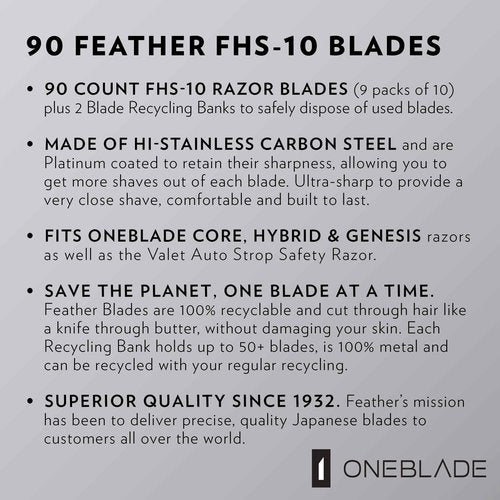 90 Feather FHS-10 Japanese Steel Razor Blades - Refill for OneBlade Core, Hybrid, & Genesis Razors - Single Blade Razor