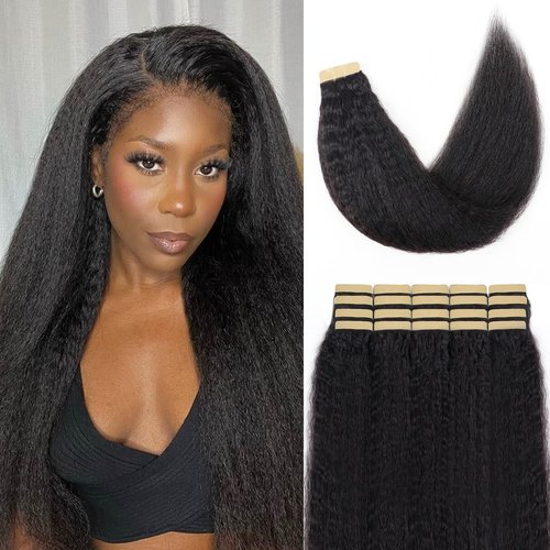 Liqusee Kinky Straight Tape In Hair Extensions Human Hair 100% Remy Hair Natural Black 26 inch 20pcs 50g/Pack Double Sided Seamless Skin Weft Tape ins Real Human Hair Extensions for Black Women