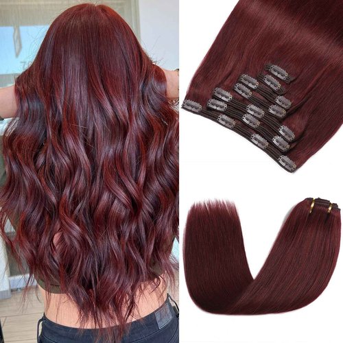 Rimoss Clip in Hair Extensions Real Human Hair - 160g 20 Inch 7pcs, Burgundy Red Color - Premium Soft Hair Extensions Real Human Hair Clip ins Straight Double Weft for Women (#99J 20 Inch)