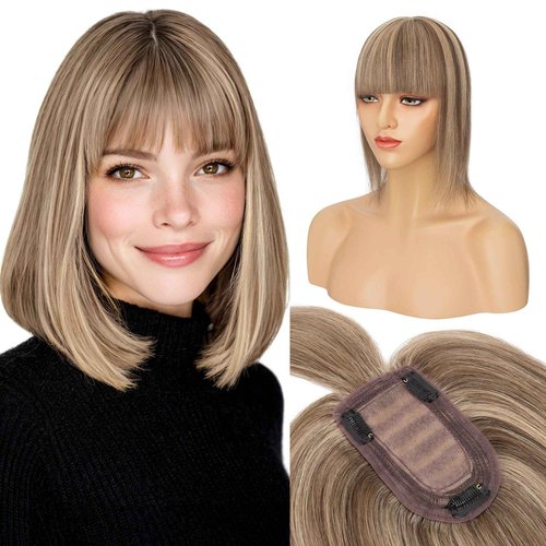 S-noilite Human Hair Toppers for Women with Bangs 100% Real Human Hairpiece 5"x3" Clip in Silk Base Topper Piece Cover Thinning Fine Hair 12 inch Medium Brown Highlighted Honey Blonde