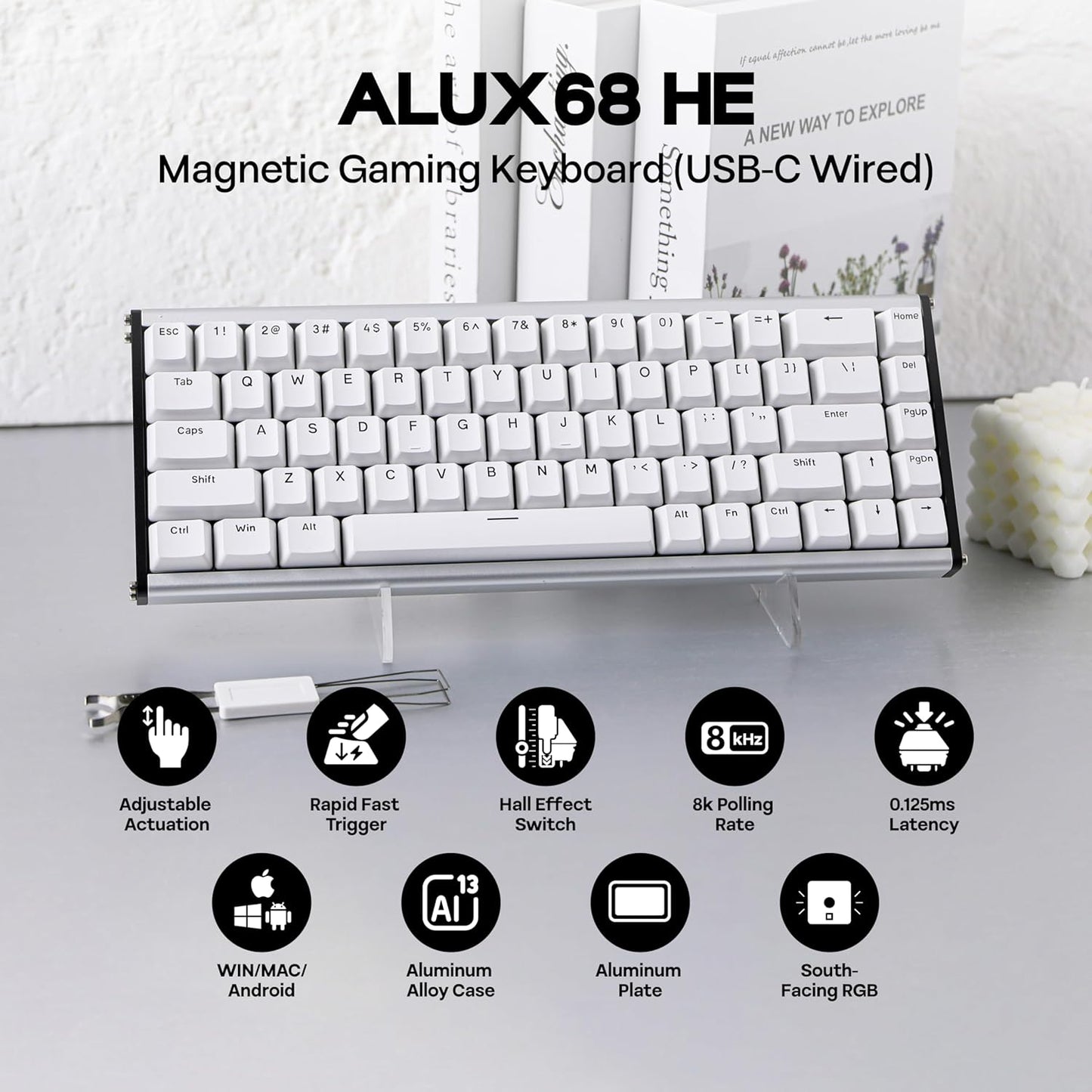 AJAZZ ALUX68 HE Aluminum Rapid Trigger Gaming Keyboard with Magnetic Switch, Wired Hall Effect Keyboard with 8K Polling Rate, 0.125ms Latency, RGB Backlight (Black Side-Printed, ALUX68)