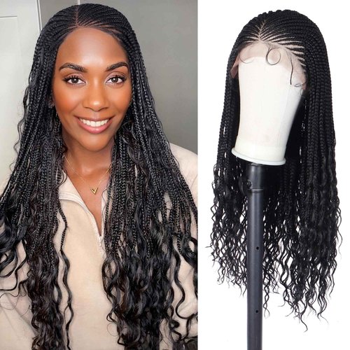 Alebery 13x6 HD Lace Front Box Braided Wigs with Curly End Lace Frontal Box Braids Wigs for Black Women Lightweight Synthetic Black Cornrow Fully Handmade Braided Wig with Baby Hair (26 inches)