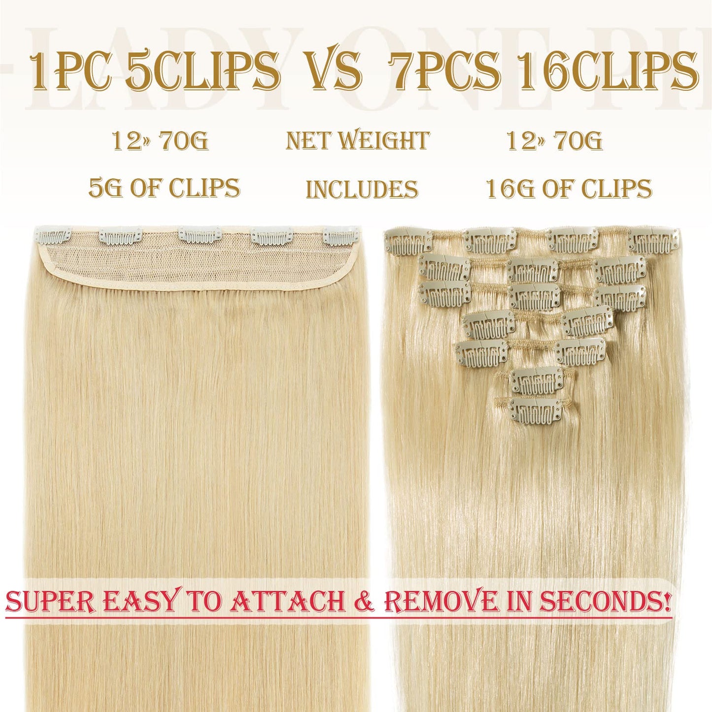 MY-LADY Clip in Hair Extensions Real Human Hair Bleach Blonde 20 Inch 100g One Piece Weft Remy Hair Balayage Silky Natural Straight for Women