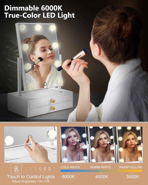 Star Vision 2-in-1 Large Lighted Hollywood Mirror & Jewelry Organizer, 3 Color Tones & Dimmable Light, 2-Layer Drawers, PU Surface with Stitching, Includes a 10X Magnification Mirror, White