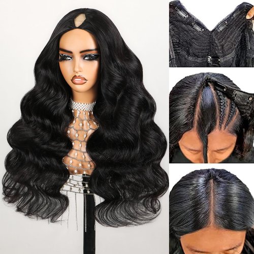 SUPERLOOK V Part Wig Human Hair Body Wave Glueless Wigs Human Hair Clip in V-Part Wigs Beginner Friendly No-Sew In No Glue Upgrade U Part Human Hair Wig 210% Density (18Inch,V Part Body Wave Wigs)