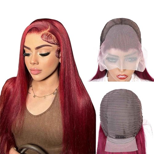 LUOSIWLD 99j Lace Front Wigs Human Hair Glueless Transparent Wigs for Women Burgundy Straight 150% Density 13×4 HD 24 inch
