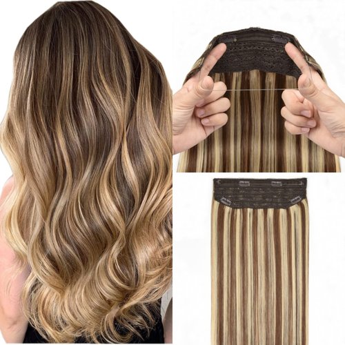 Invisible Wire Extensions Clip in Hair Extensions with Fish Line 20inch Wire Hair Extensions Real Human Hair 100g Ombre Highlights Brown to Blonde #4/613