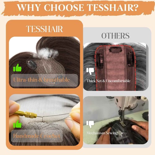 TESSHAIR Human Hair topper for Women, 3D Cover Clip in Bangs, Hair Toppers with Side Bangs,11 inch, #2 Dark Brown