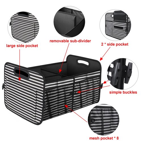 Femuar Car Trunk Organizer,Car Storage Organizer with 72L Large Capacity Waterproof Collapsible and 11 Pockets,Trunk Organizer for Car Suv/Jeep/Sedan, Large Size, Stripe