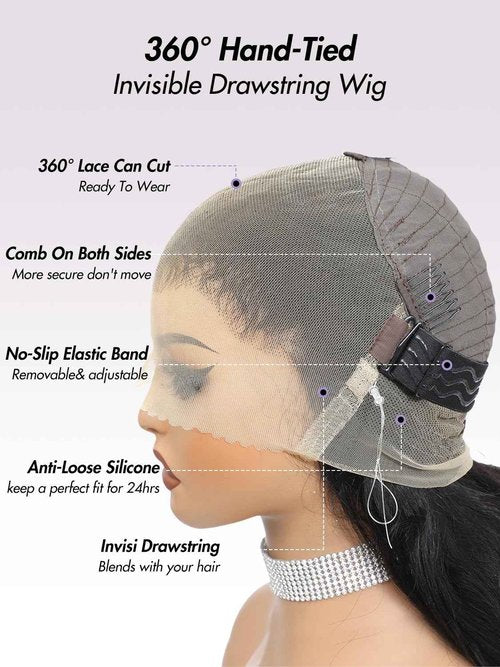 eool Hidden Strap 360 Drawstring Full Lace Front Wigs Human Hair Pre Plucked 200 Density Deep Wave 360 Invisible Drawstring Glueless Wet And Wavy HD Lace Front Wig Human Hair For Black Women 16 Inch