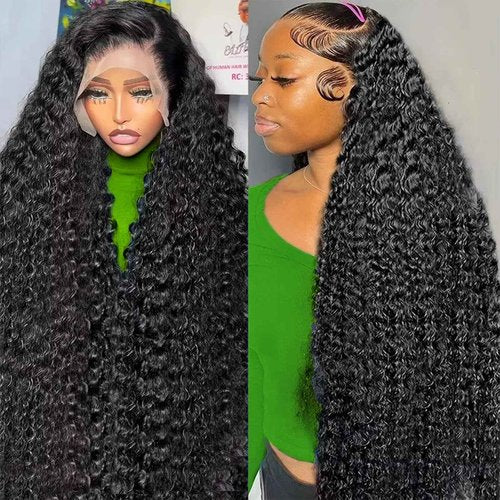 Comlen 13x6 Deep Wave Lace Front Wigs Human Hair 200 Density HD Transparent Lace Front Wig 28 inch Curly Lace Frontal Wigs for Women Pre Plucked Natural Black