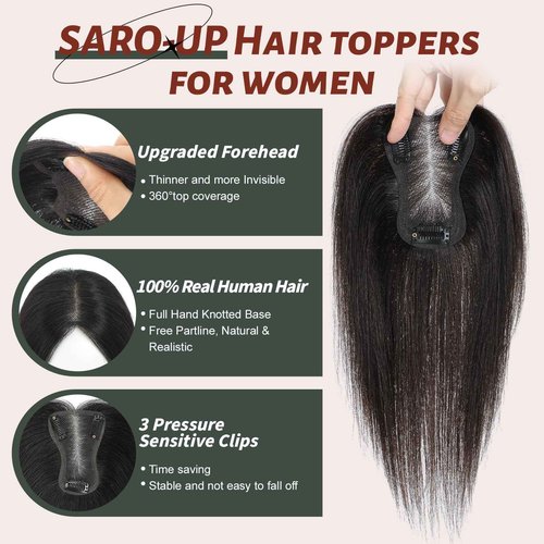 SARO-UP Hair Toppers for Women Real Human Hair Toppers for Women 3 * 4.5 Inch Hand-Tied Swiss Lace Base Topper No Bangs 10inch Hairpieces for Thinning Hair (Dark Brown)