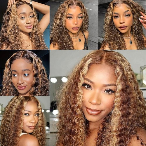 Ombre 4/27 Highlight Wear And Go Glueless Wigs Human Hair Pre Plucked Pre Cut 4/27 Honey Blonde Wig Human Hair Short Curly Bob Wig 180% Density Water Wave Lace Front Wigs For Black Women 14 Inch