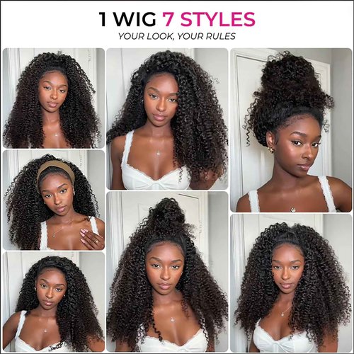 OZQKB 12A 220% Density Kinky Curly Half Wig Human Hair 3 In 1 Seamless Flip Over Half Wigs Wear Go Glueless Wigs Human Hair With Drawstring Beginner Friendly Headband Wig Human Hair For Women 18 Inch
