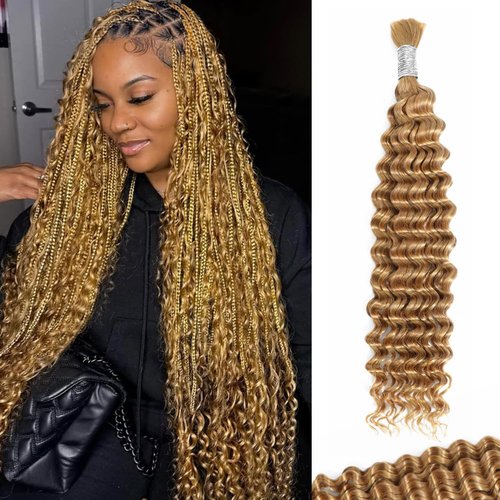Enaiiby Blonde Deep Wave Bundles Human Hair for Boho Knotless Braids 100g 26 Inch, 27 Blonde Curly Braiding Hair Deep Wave Human Boho Hair Bulk, 12A No Weft 100% Unprocessed Brazilian Virgin Hair