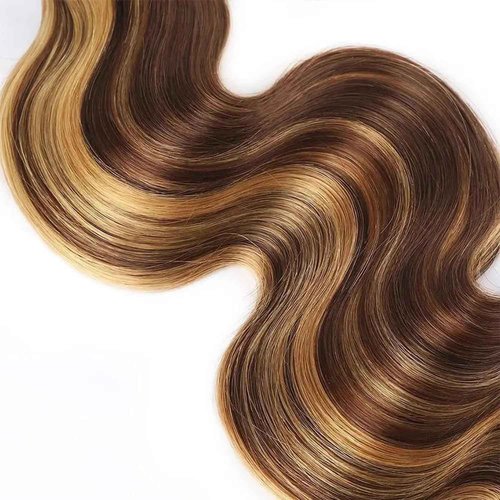 P4/27 Brown Highlight Body Wave Human Hair 3 Bundle with 4x4 Lace Closure,12A Grade Brazilian Remy Hair Ombre Bundles with Free Part 12 14 16+12inch