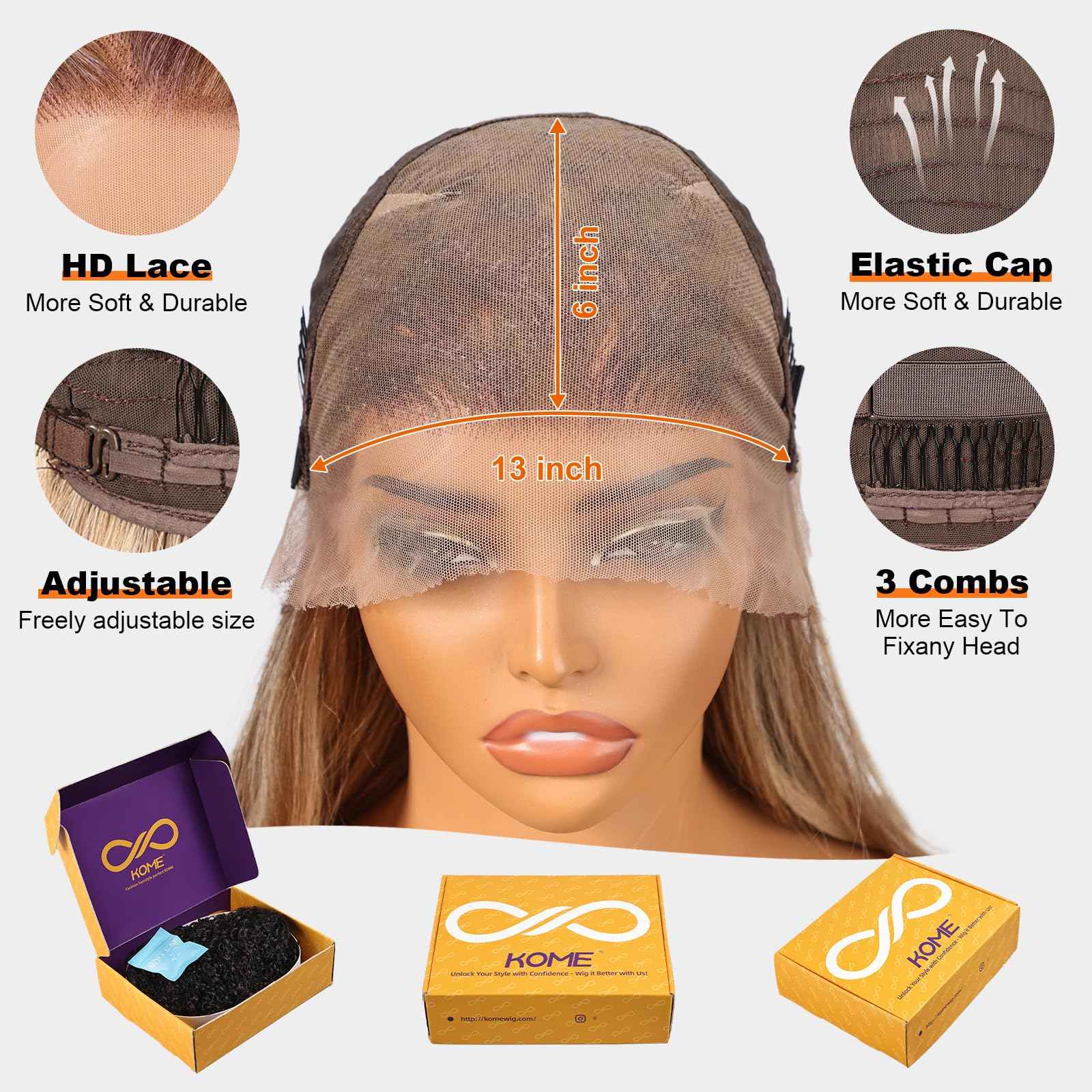 KOME Ash Blonde Synthetic Lace Front Wig,13×6 Blonde mix Brown HD Lace Glueless Wig for Women Daily Use 28IN（TT6/107）