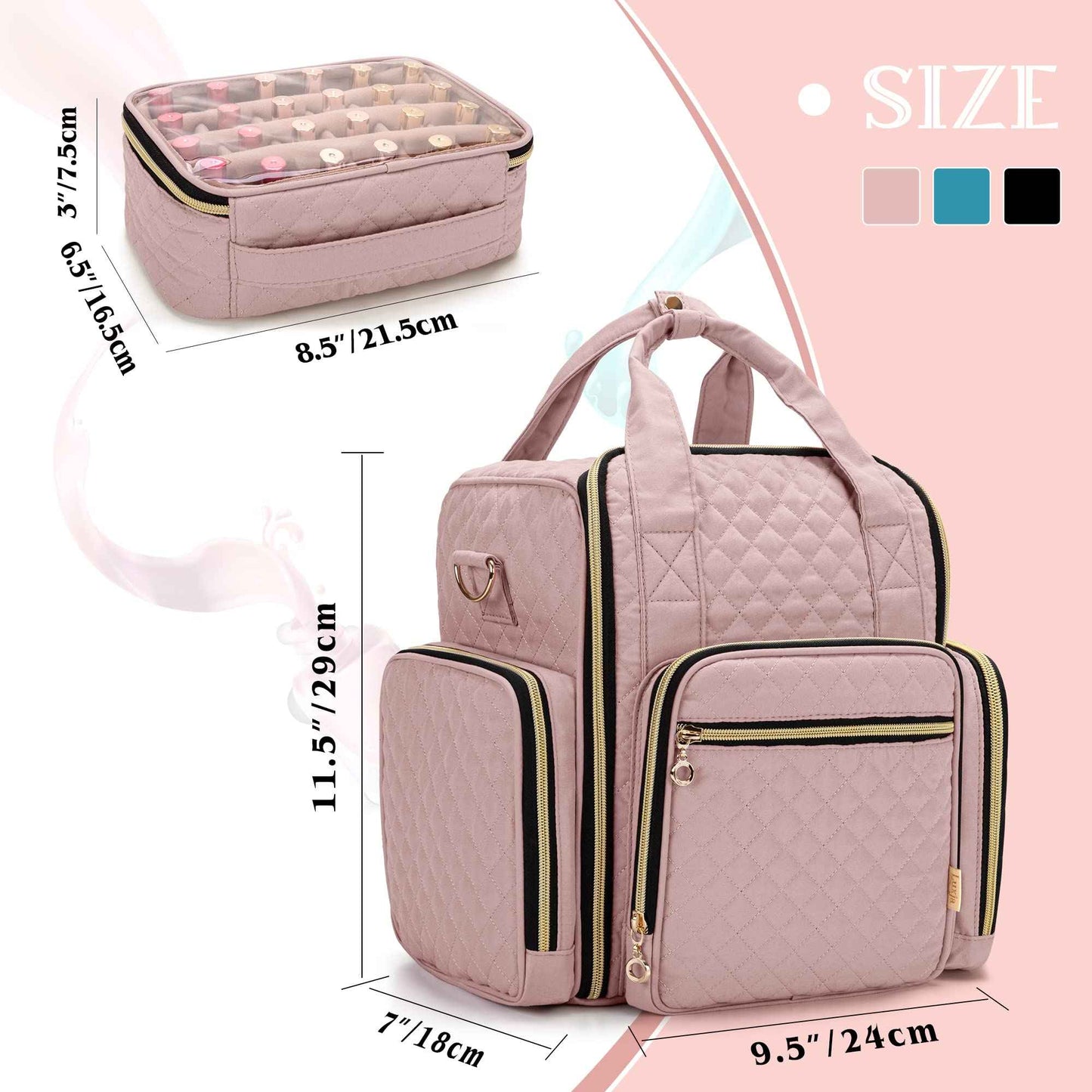 LUXJA Nail Polish Organizer Holds 72 Bottles, Nail Polish Case with 3 Removable Bags and Tools Storage Pockets (Patent Pending), Pale Rose