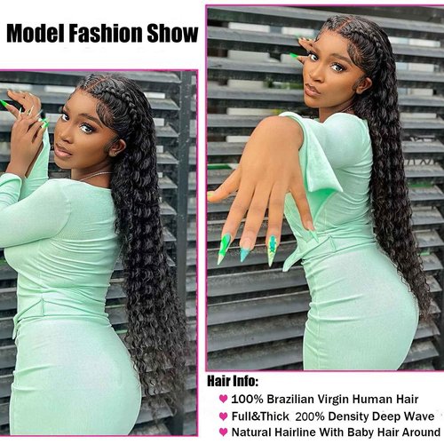 KVFCT 13x6 HD Lace Front Wigs Human Hair Deep Wave Wig for Women 200% Density Transparent Curly Lace Front Wigs 24 Inch Deep Wave Frontal Wigs Pre Plucked Wet and Wave Lace Front Wigs with Baby Hair