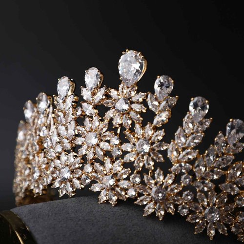Luxury Gold Bridal Tiara CZ Prom Pageant Homecoming Quinceanera Crown Princess Floral Headpieces Women Hair Accessories Cubic Zirconia